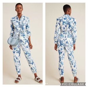Anthropologie Lucienne Belted botanical Floral Blue White utility jumpsuit 10/12
